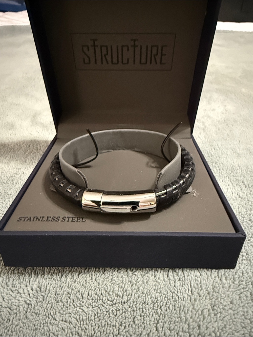 Structure Black Braided Leather Bracelet with Polished Stainless Steel Clasp